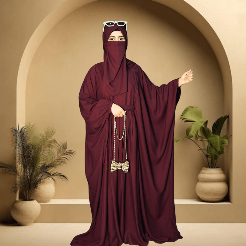 4PCS Pleated Kaftan Abaya Set – (Maroon) Premium Modest Outfit