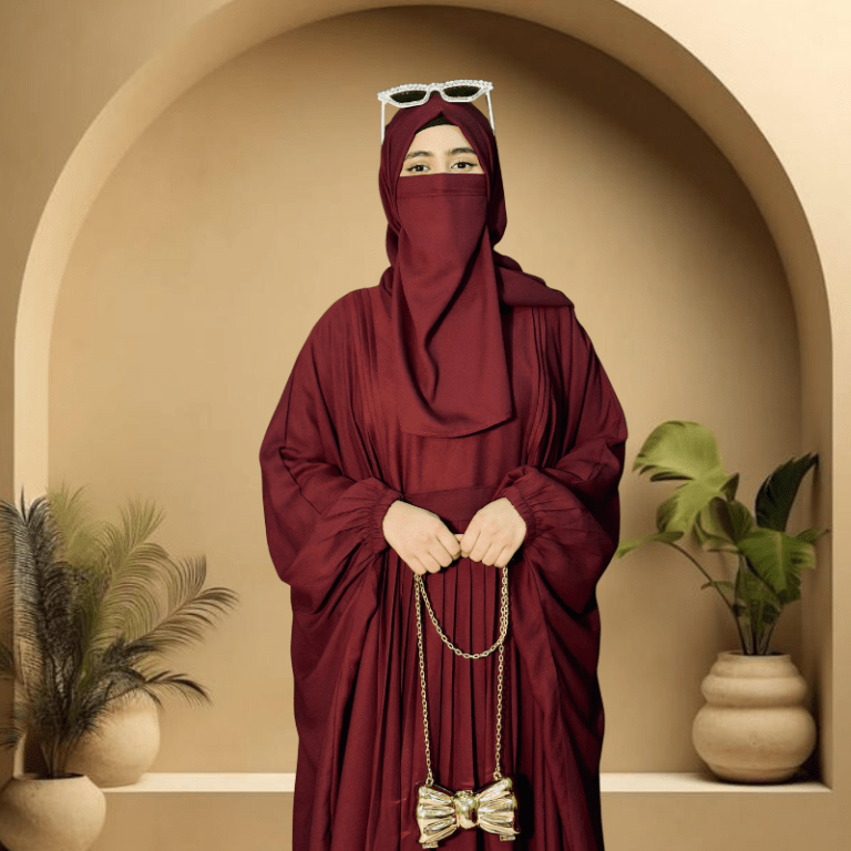4PCS Pleated Kaftan Abaya Set – (Maroon) Premium Modest Outfit