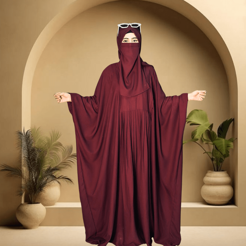 4PCS Pleated Kaftan Abaya Set – (Maroon) Premium Modest Outfit