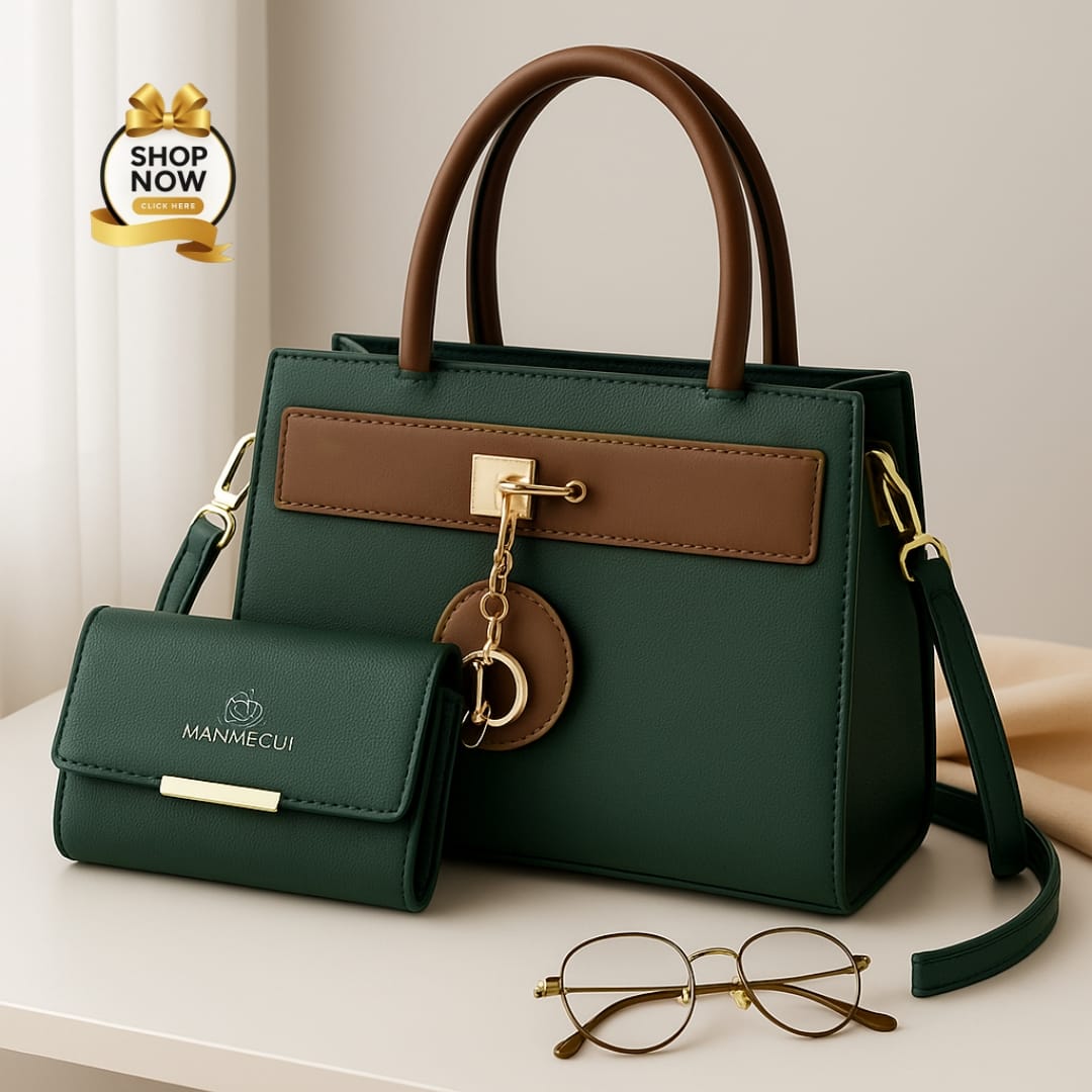 Elegant Two-Tone Structured Handbag and Matching Wallet Set