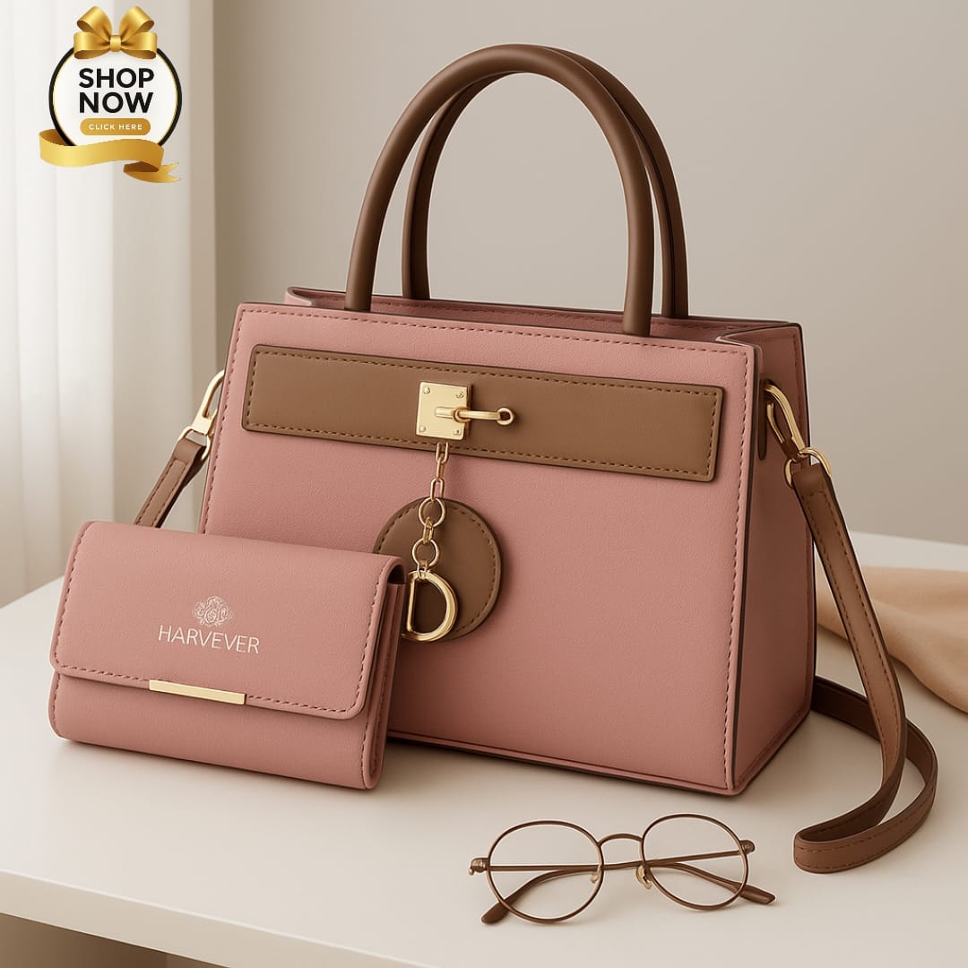 Elegant Two-Tone Structured Handbag and Matching Wallet Set