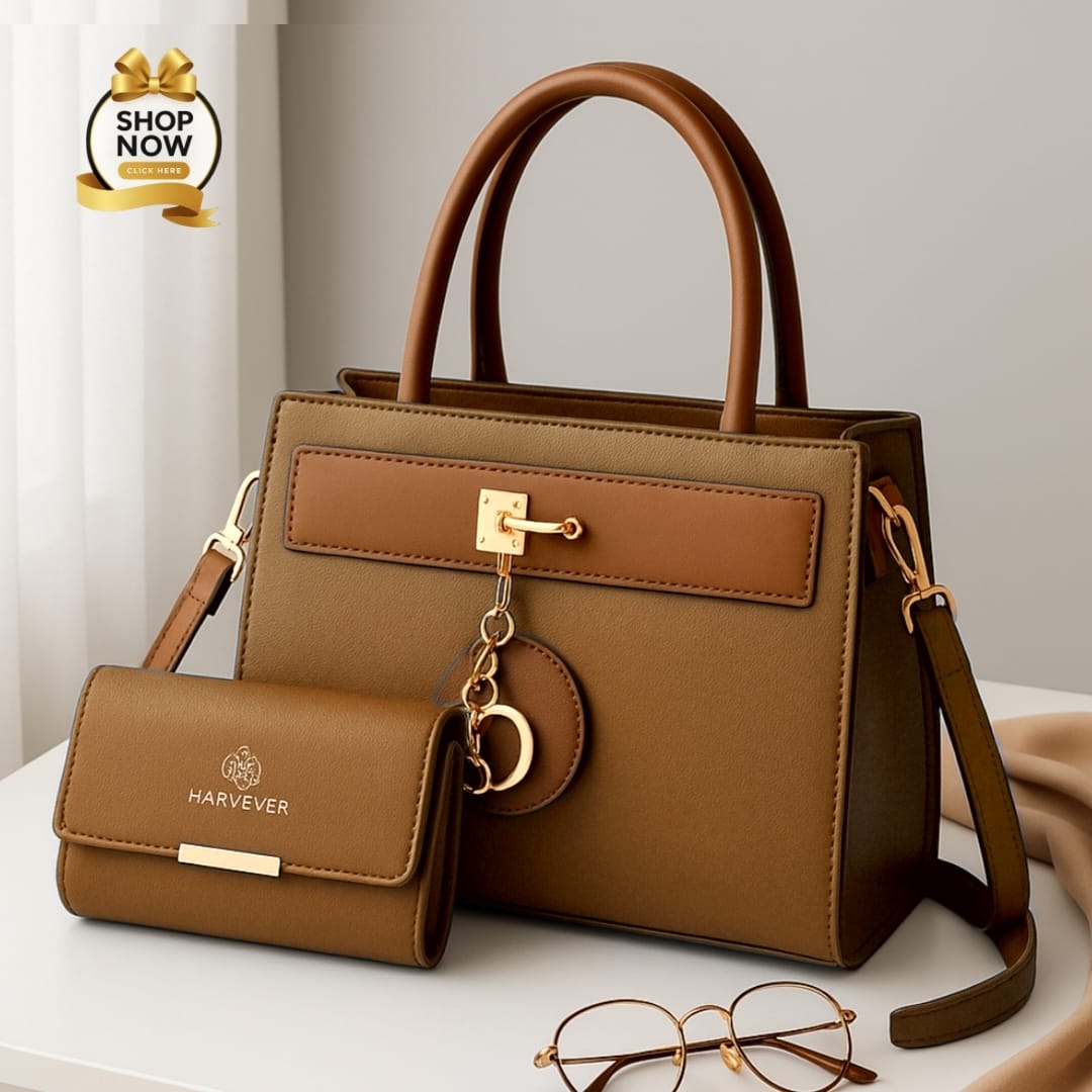 Elegant Two-Tone Structured Handbag and Matching Wallet Set