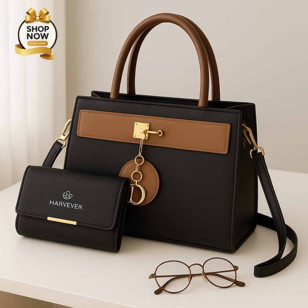 Elegant Two-Tone Structured Handbag and Matching Wallet Set