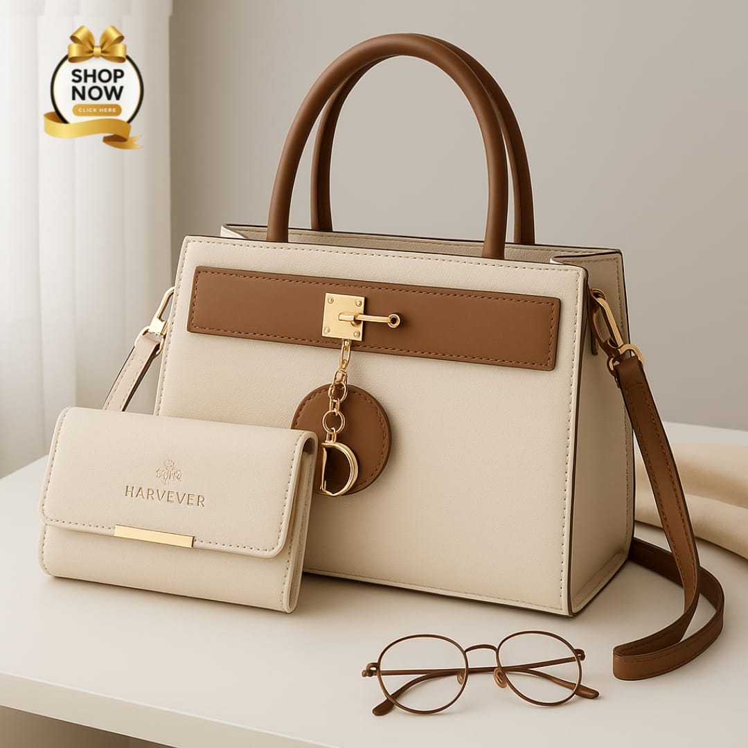 Elegant Two-Tone Structured Handbag and Matching Wallet Set