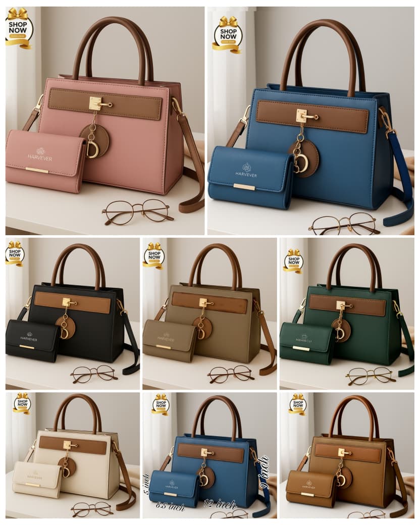 Elegant Two-Tone Structured Handbag and Matching Wallet Set