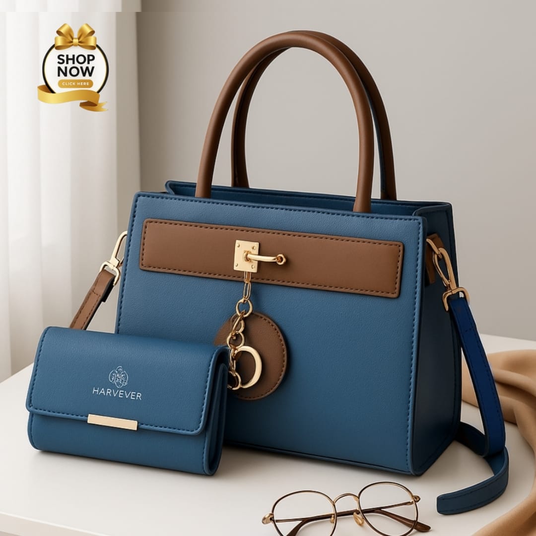 Elegant Two-Tone Structured Handbag and Matching Wallet Set